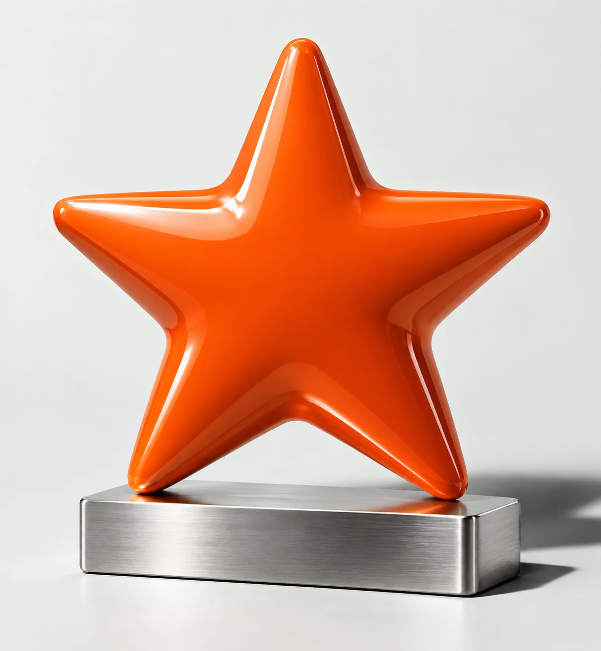 A glossy orange star on a brushed silver pedestal